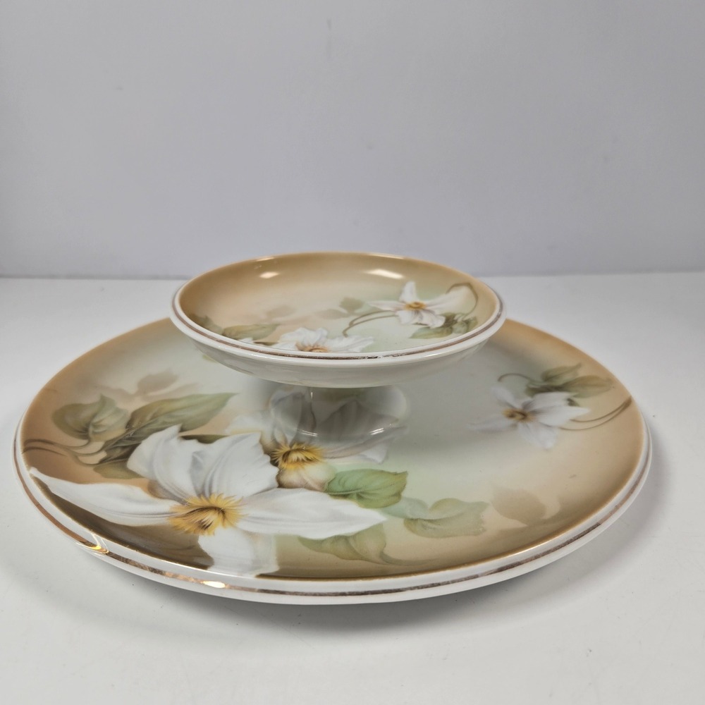 RS Prussia Germany Tidbit Tray Vintage Porcelain Floral Clematis Server 9.5